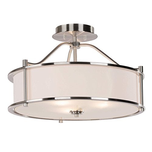 XiNBEi Lighting Semi Flush Mount Ceiling Light 18 inch 3 Light Close to Ceiling Light with Fabric Shade and Glass Diffuser, Brushed Nickel Drum Semi Flush Light for Dinning & Bedroom XB-SF1199-BN - Image 1