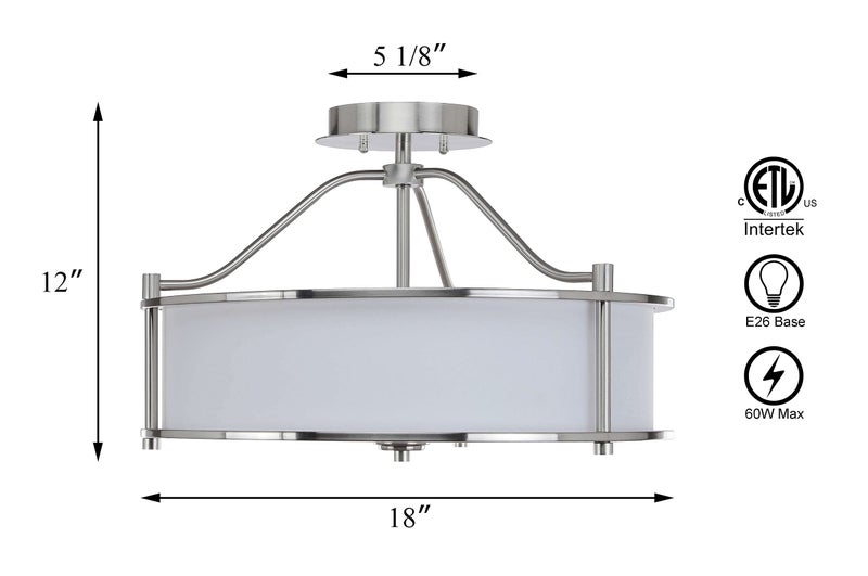 XiNBEi Lighting Semi Flush Mount Ceiling Light 18 inch 3 Light Close to Ceiling Light with Fabric Shade and Glass Diffuser, Brushed Nickel Drum Semi Flush Light for Dinning & Bedroom XB-SF1199-BN - Image 5
