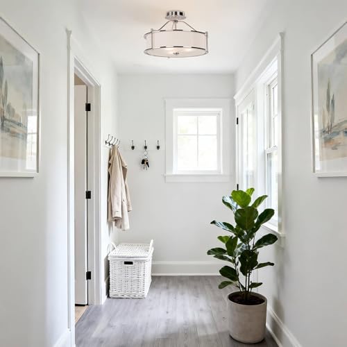 XiNBEi Lighting Semi Flush Mount Ceiling Light 18 inch 3 Light Close to Ceiling Light with Fabric Shade and Glass Diffuser, Brushed Nickel Drum Semi Flush Light for Dinning & Bedroom XB-SF1199-BN - Image 4