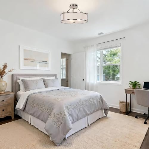 XiNBEi Lighting Semi Flush Mount Ceiling Light 18 inch 3 Light Close to Ceiling Light with Fabric Shade and Glass Diffuser, Brushed Nickel Drum Semi Flush Light for Dinning & Bedroom XB-SF1199-BN - Image 2
