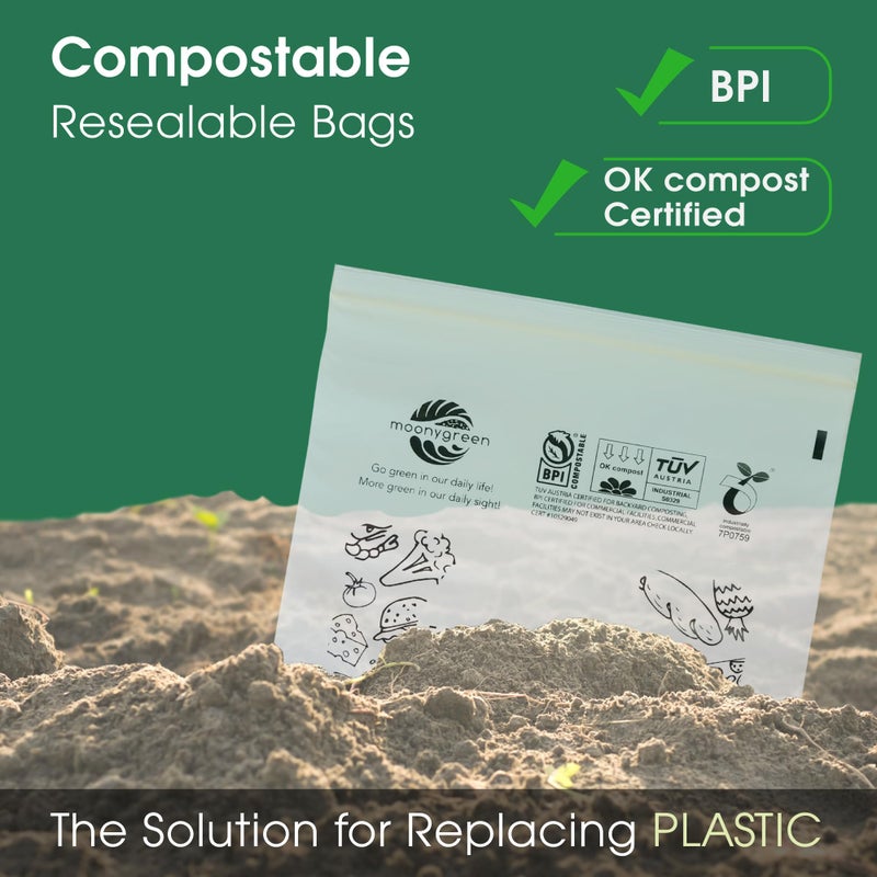 Moonygreen Compostable Food Storage Bags, Large Gallon Resealable Freezer Bags, 50 Count, 10.5 x 10.6 inches, PFAS & BPA FREE, Certified US BPI ASTM D6400 Europe OK Compost - Image 3