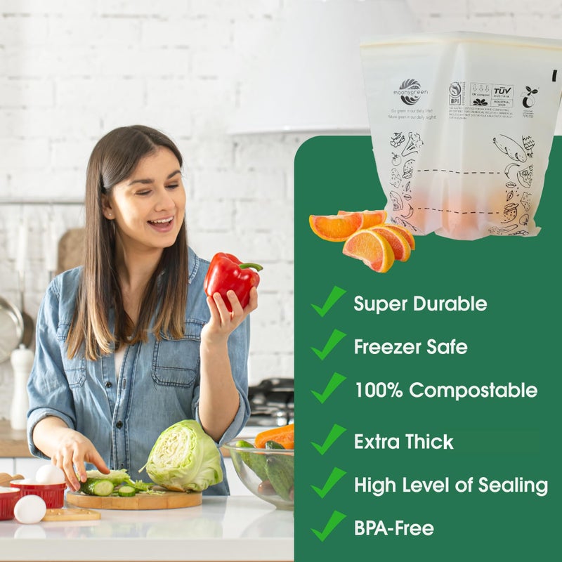 Moonygreen Compostable Food Storage Bags, Large Gallon Resealable Freezer Bags, 50 Count, 10.5 x 10.6 inches, PFAS & BPA FREE, Certified US BPI ASTM D6400 Europe OK Compost - Image 4
