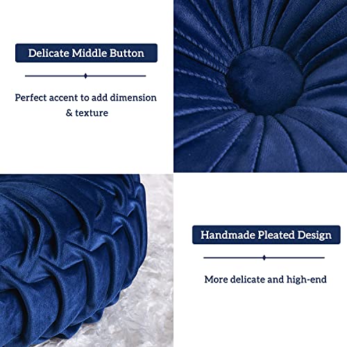 Hi -G HIG Set of 2 Decorative Round Pleated Throw Pillows, Classy Accent Pumpkin Throw Pillows with Center Button, Vintage Velvet Floor Pillows for Sofa Couch Vanity Chair Bed, Navy, 14.5" Diameter(Ripple) - Image 5