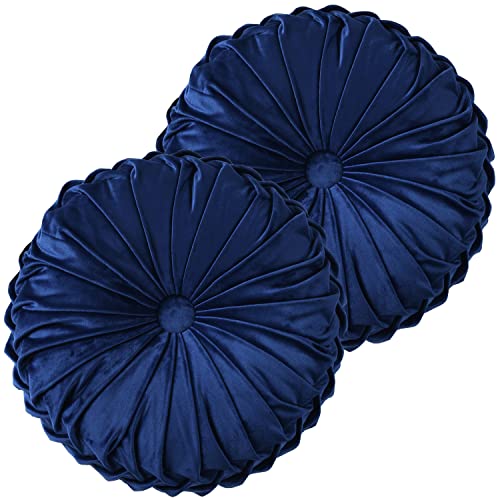 Hi -G HIG Set of 2 Decorative Round Pleated Throw Pillows, Classy Accent Pumpkin Throw Pillows with Center Button, Vintage Velvet Floor Pillows for Sofa Couch Vanity Chair Bed, Navy, 14.5" Diameter(Ripple) - Image 1