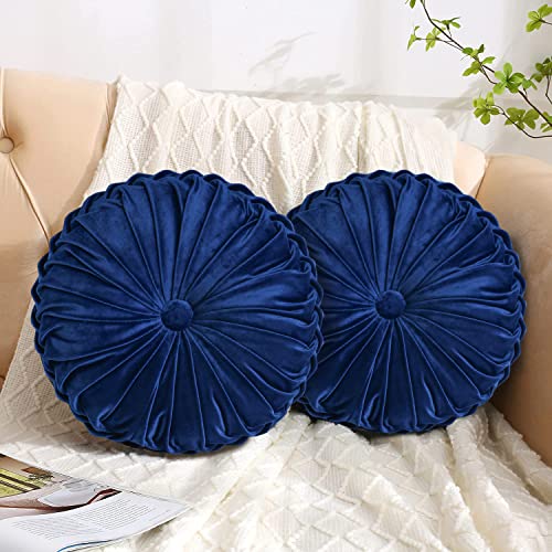 Hi -G HIG Set of 2 Decorative Round Pleated Throw Pillows, Classy Accent Pumpkin Throw Pillows with Center Button, Vintage Velvet Floor Pillows for Sofa Couch Vanity Chair Bed, Navy, 14.5" Diameter(Ripple) - Image 2
