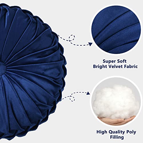 Hi -G HIG Set of 2 Decorative Round Pleated Throw Pillows, Classy Accent Pumpkin Throw Pillows with Center Button, Vintage Velvet Floor Pillows for Sofa Couch Vanity Chair Bed, Navy, 14.5" Diameter(Ripple) - Image 3
