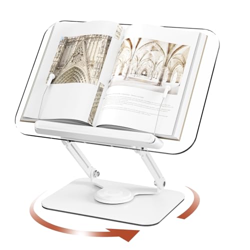 BYMECOST حامل كتب أكريليك للقراءة، حامل كتب قابل للتعديل مع قاعدة دوارة 360° ومشابك صفحات مرنة، حامل مكتب قابل للطي لكتب الطبخ، الكمبيوتر المحمول، الجهاز اللوحي، النوتات الموسيقية، الوصفات، الكتب الدراسية - Image 1