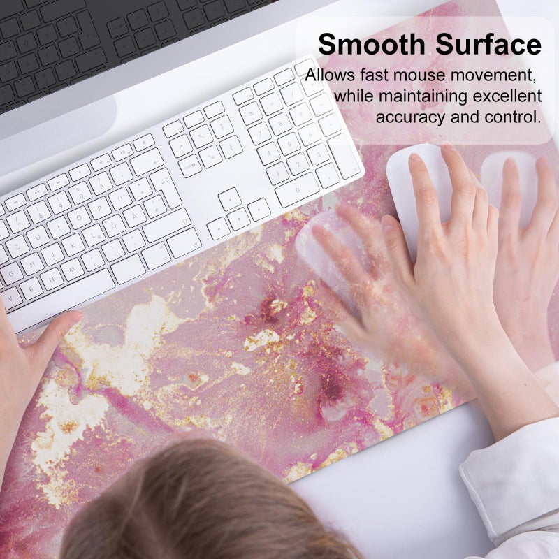QIYI Large Mouse Pad, Cute Pink Desk Mat for Desktop, Women Girls PU Leather Desk Pad Waterproof Gaming Mousepad, Rose Gold Marble Computer Protector Writing Pad for School Office Home 31.5" x 15.7" - Image 3