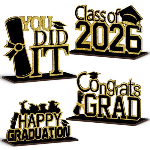 KSKSPE 4 Pcs KSKSPE Graduation Decorations Party Supplies Table CenterpiecesGraduation Theme Design and Sturdy Wooden for Graduation Party Favors DecorationsBlack - Image 1