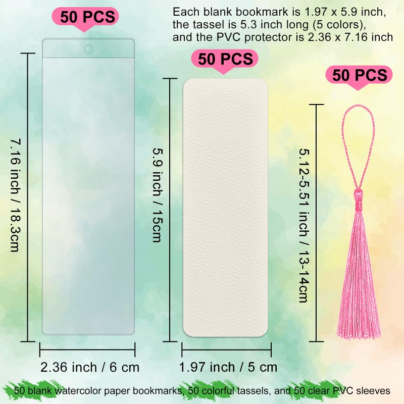 SBYURE 50 Pieces Watercolor Paper Blank Bookmarks with 50 Pieces Colorful Tassels 50 Pack PVC Bookmark Sleeves Watercolor Paper Bookmarks for Classroom Projects Gifts Tags Crafts, 1.9 x 5.9 Inch - Image 2