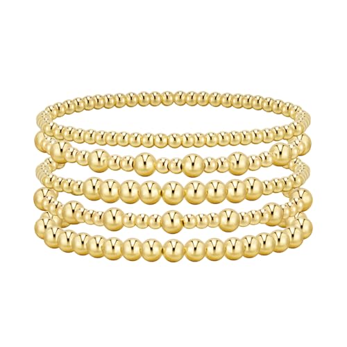 adoyi Gold Bracelets for Women Beaded Bracelet 14K Gold Plated Bracelet Stack Strand Stretch Bead Ball Bracelet Set Stackable Bracelet Adjustable Bracelet Set Jewelry for Gifts 7.25 inches - Image 1