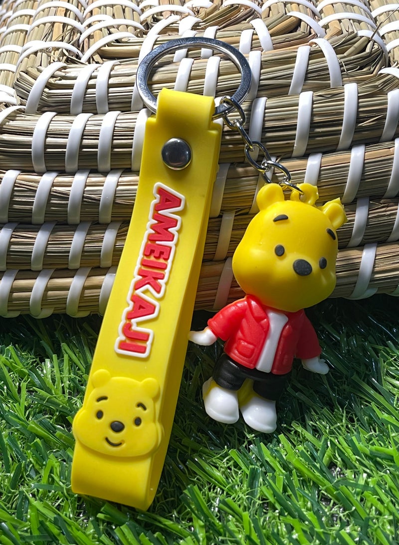 Unique cartoon keychain, cute accessory, anime keyring featuring yellow bear character with strap that fits over the car, wallet, and bag. lovely and creative gift. - Image 4