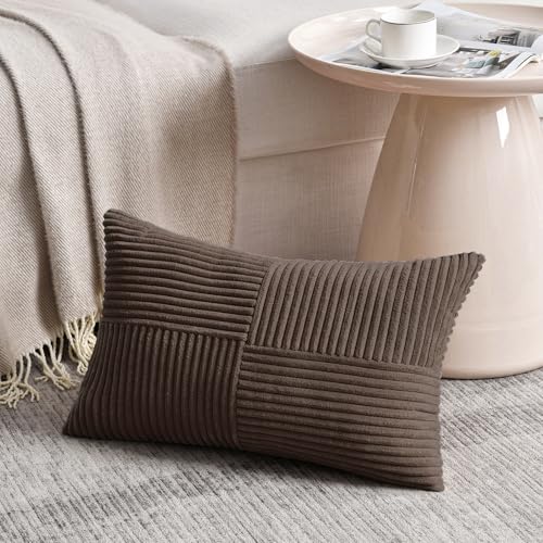 Fancy Homi 2 Packs Dark Brown Long Lumbar Decorative Throw Pillow Covers 12x24 Inch for Couch Bed Sofa, Rustic Farmhouse Boho Home Decor, Soft Striped Corduroy Rectangle Accent Cushion Case 30x60 cm - Image 2