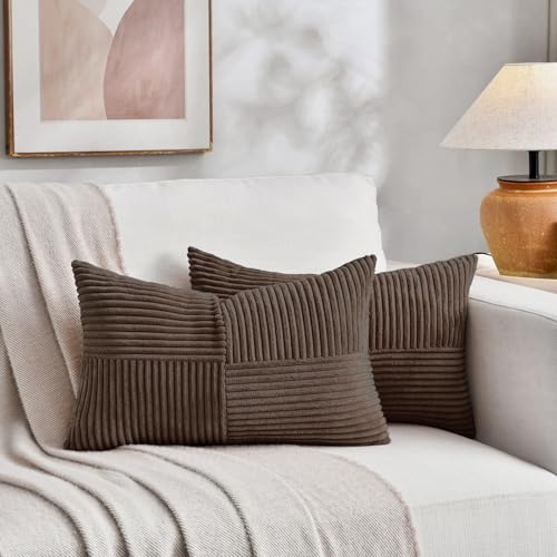 Fancy Homi 2 Packs Dark Brown Long Lumbar Decorative Throw Pillow Covers 12x24 Inch for Couch Bed Sofa, Rustic Farmhouse Boho Home Decor, Soft Striped Corduroy Rectangle Accent Cushion Case 30x60 cm - Image 5