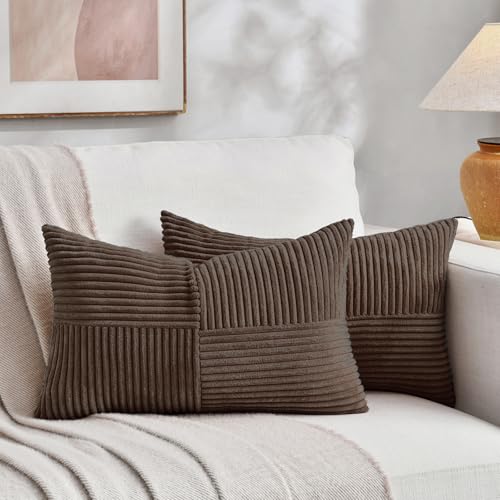 Fancy Homi 2 Packs Dark Brown Long Lumbar Decorative Throw Pillow Covers 12x24 Inch for Couch Bed Sofa, Rustic Farmhouse Boho Home Decor, Soft Striped Corduroy Rectangle Accent Cushion Case 30x60 cm - Image 1