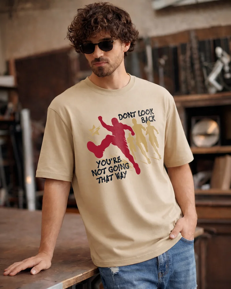 Men's Ginger Root Brown Don't Look Back Graphic Printed Oversized T-shirt