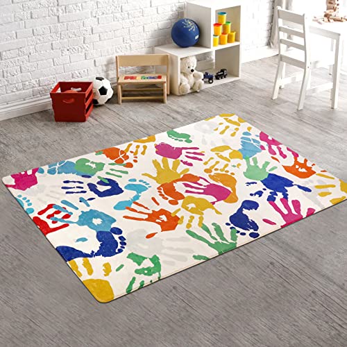 STARUIA Colorful Kids Rug for Playroom, 3'x5' Washable Handprints and Footprints Rugs for Kids Room Boys and Girls Nursery, Ultra Soft Non-Slip Non-Shedding Play Carpet Indoor for Classroom Bedroom - Image 1