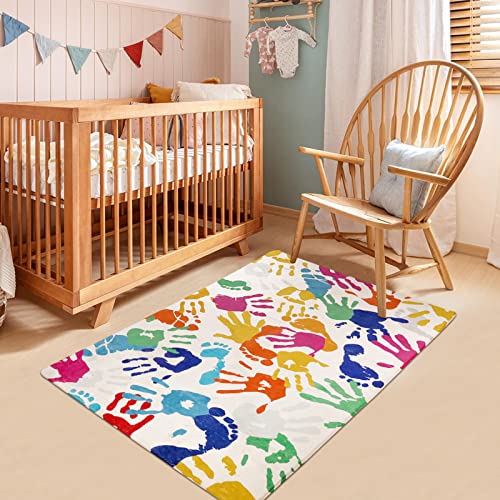 STARUIA Colorful Kids Rug for Playroom, 3'x5' Washable Handprints and Footprints Rugs for Kids Room Boys and Girls Nursery, Ultra Soft Non-Slip Non-Shedding Play Carpet Indoor for Classroom Bedroom - Image 2