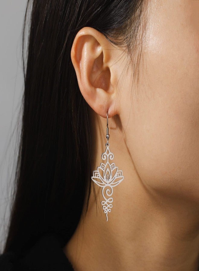 TEAMER Stainless Steel Lotus Flower Dangle Earrings Bohemian Drop Earring Unique Geometric Jewelry for Women (Lotus 2-Steel Color) - Image 2