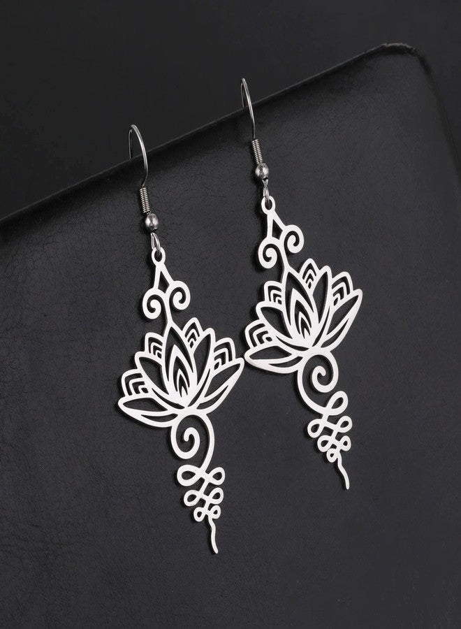 TEAMER Stainless Steel Lotus Flower Dangle Earrings Bohemian Drop Earring Unique Geometric Jewelry for Women (Lotus 2-Steel Color) - Image 3