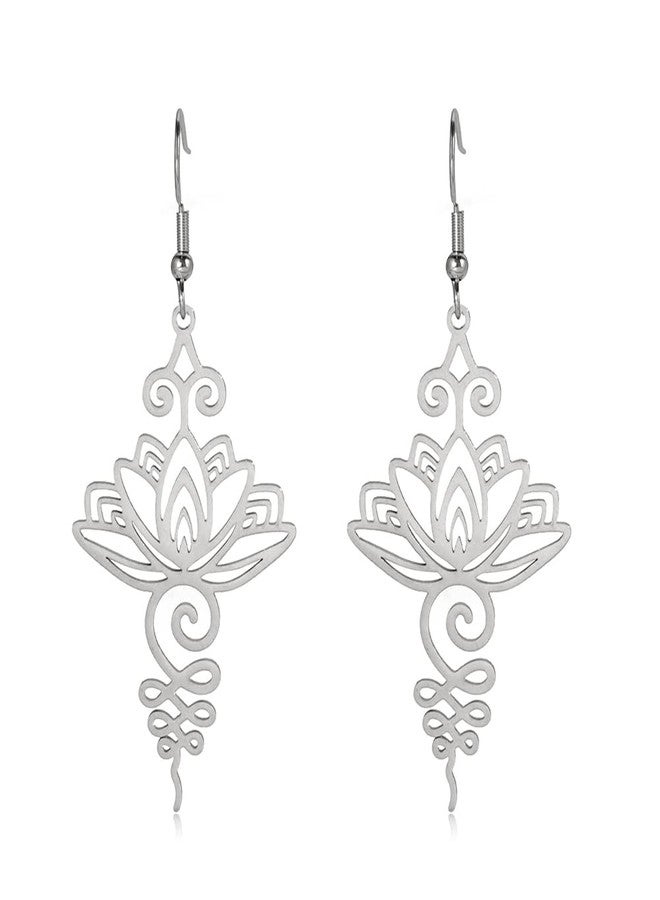 TEAMER Stainless Steel Lotus Flower Dangle Earrings Bohemian Drop Earring Unique Geometric Jewelry for Women (Lotus 2-Steel Color) - Image 1