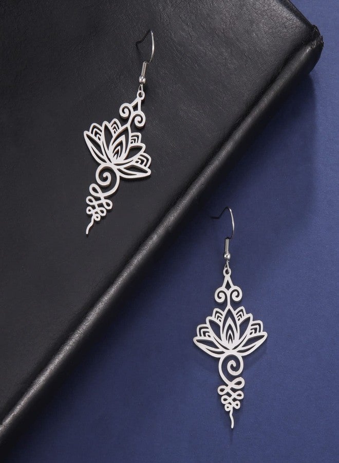 TEAMER Stainless Steel Lotus Flower Dangle Earrings Bohemian Drop Earring Unique Geometric Jewelry for Women (Lotus 2-Steel Color) - Image 5