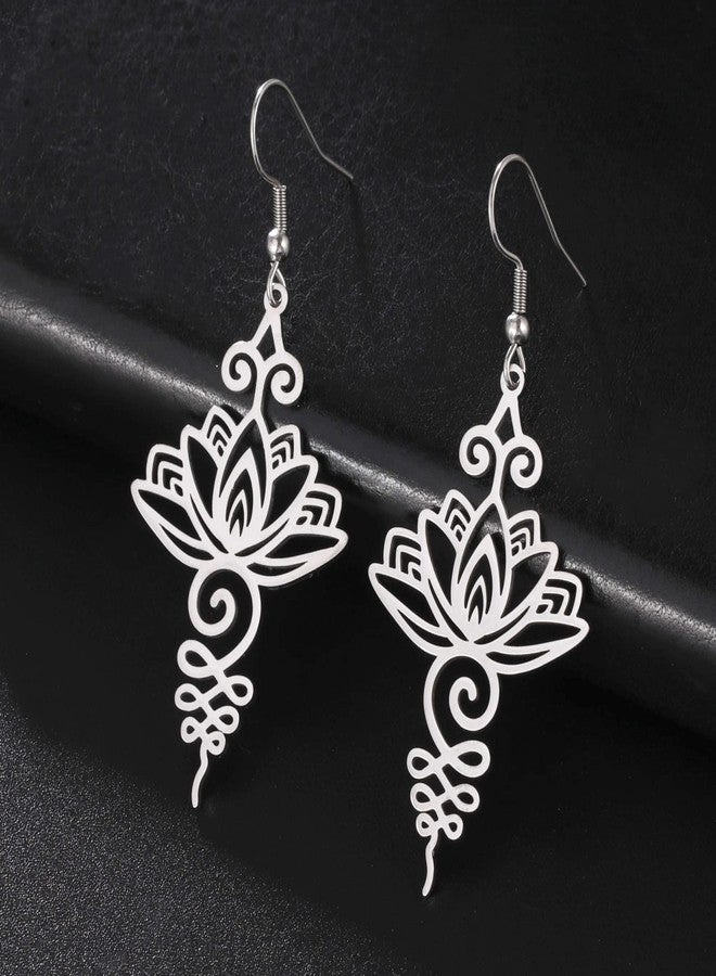 TEAMER Stainless Steel Lotus Flower Dangle Earrings Bohemian Drop Earring Unique Geometric Jewelry for Women (Lotus 2-Steel Color) - Image 4