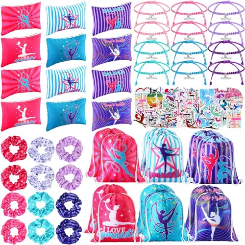 Abbylike 49 Pcs Gymnastics Party Favor Set 12 Makeup Bag 12 Bracelet 12 Drawstring Backpack 12 Hair Ties 1 Set Gymnastic Stickers for Women Girl Gym Sport Yoga - Image 1