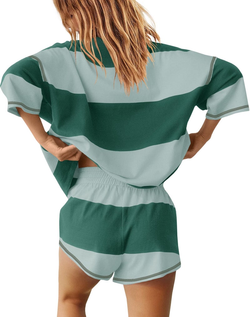 Yanekop Womens 2 Piece Outfits Summer Striped Lounge Set Two Piece Matching Workout Sets Oversized Short Sets Tracksuits(Green Mixed,XS) - Image 3