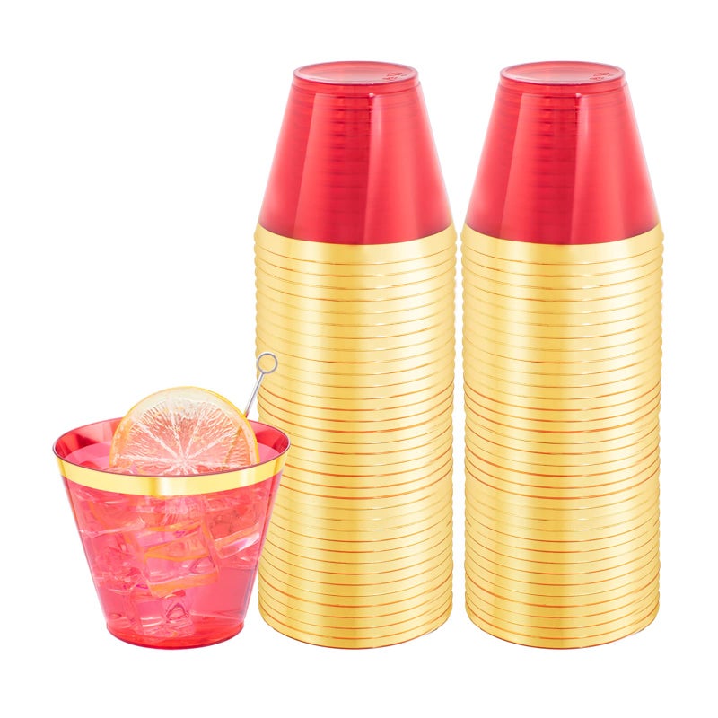 LUODA 150 PCS Red Plastic Cups  9oz Clear Red Disposable Cups with Gold Rim  Old Fashioned Tumblers Gold Rimmed Plastic Cups for Any Occasion: Weddings ?Parties and Birthday - Image 1