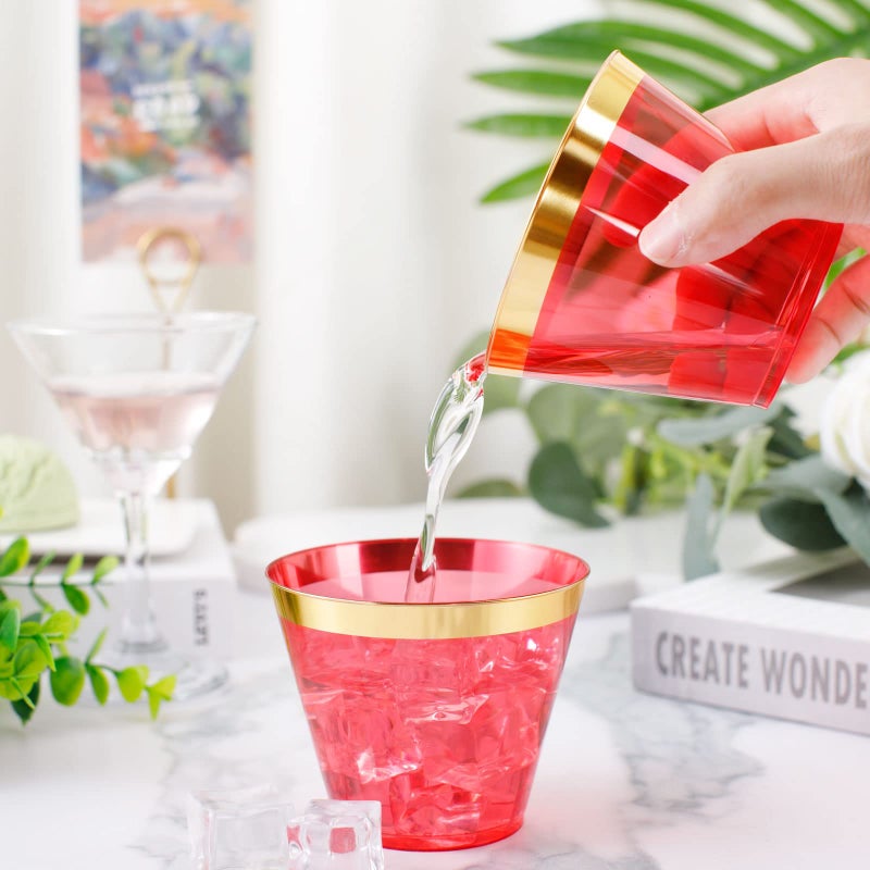 LUODA 150 PCS Red Plastic Cups  9oz Clear Red Disposable Cups with Gold Rim  Old Fashioned Tumblers Gold Rimmed Plastic Cups for Any Occasion: Weddings ?Parties and Birthday - Image 4