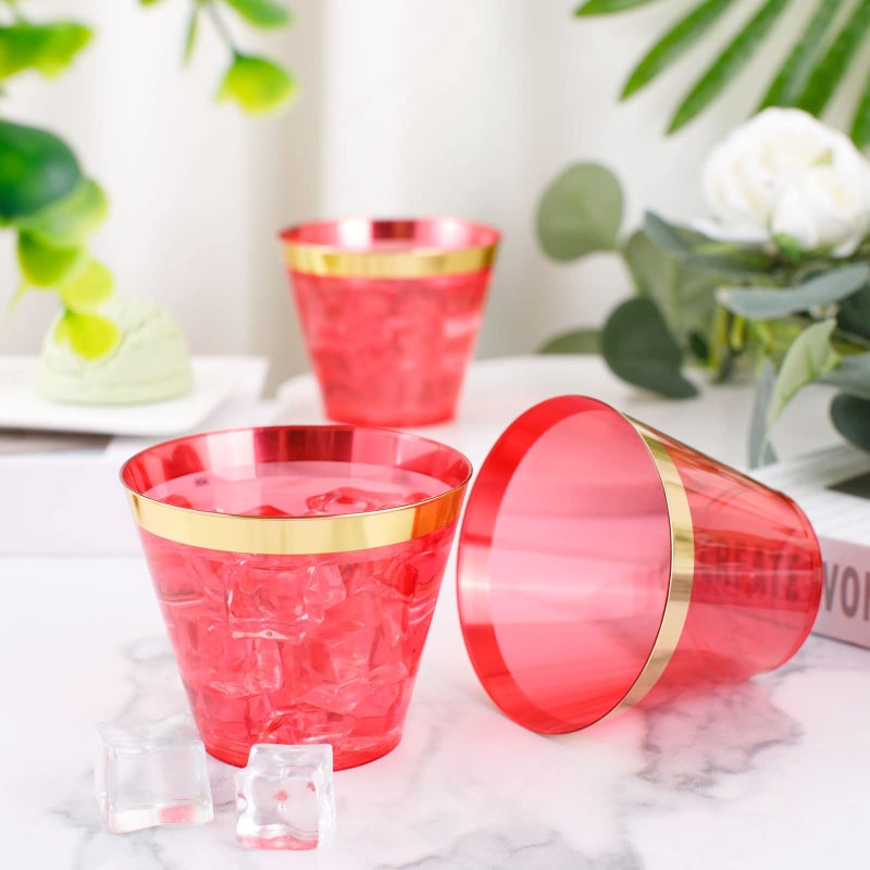 LUODA 150 PCS Red Plastic Cups  9oz Clear Red Disposable Cups with Gold Rim  Old Fashioned Tumblers Gold Rimmed Plastic Cups for Any Occasion: Weddings ?Parties and Birthday - Image 3