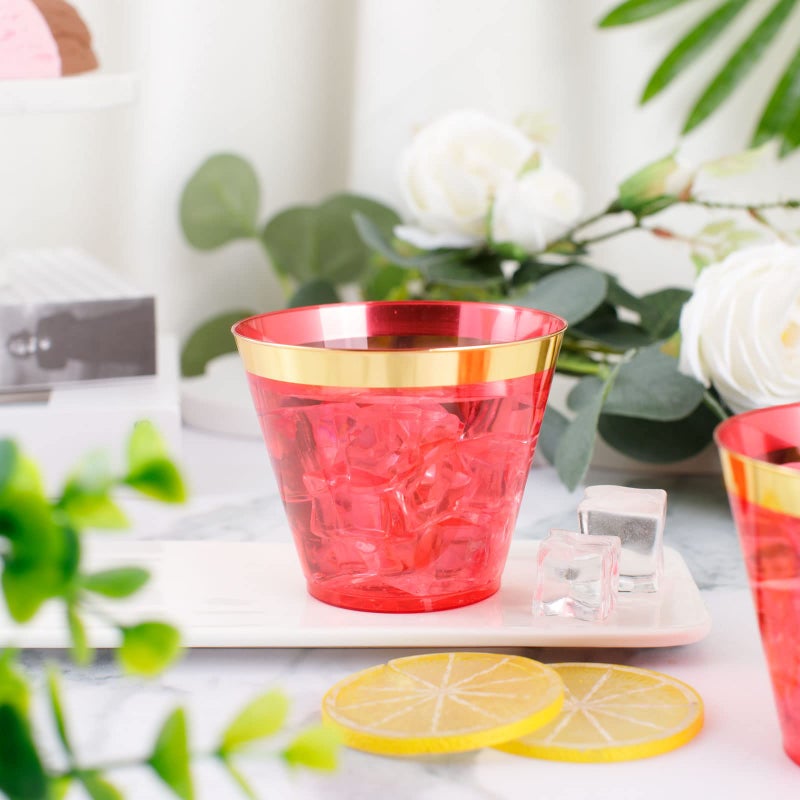 LUODA 150 PCS Red Plastic Cups  9oz Clear Red Disposable Cups with Gold Rim  Old Fashioned Tumblers Gold Rimmed Plastic Cups for Any Occasion: Weddings ?Parties and Birthday - Image 5