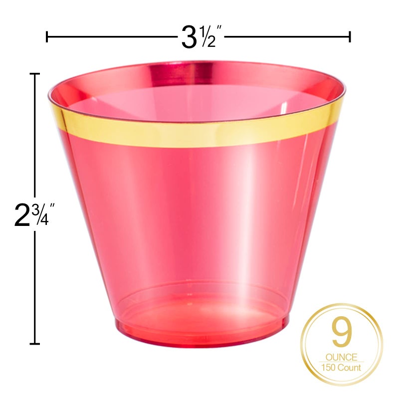 LUODA 150 PCS Red Plastic Cups  9oz Clear Red Disposable Cups with Gold Rim  Old Fashioned Tumblers Gold Rimmed Plastic Cups for Any Occasion: Weddings ?Parties and Birthday - Image 2