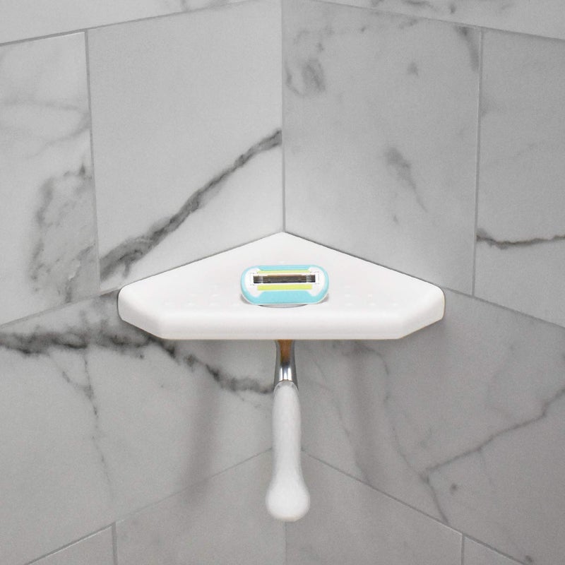 Questech Decor Shower Footrest  Wall Mounted Corner Shower Shaving Shelf  Lugged for New Construction  Shower Corner Shelf for Tiled Walls  5 Inch Geo Lugged  Bright White Matte - Image 4