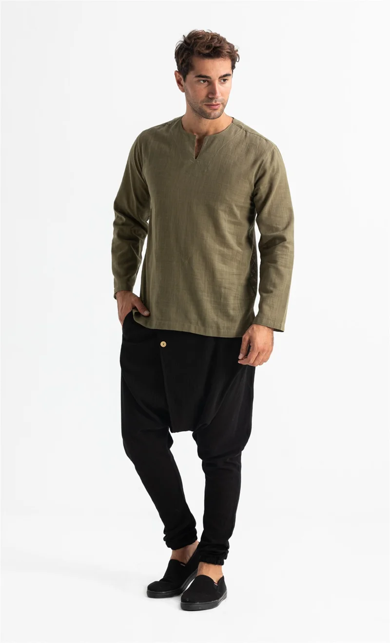 اليش شيل بيزي Long Sleeve Şile Cloth Crew Neck Men's Tshirt Khaki 3049