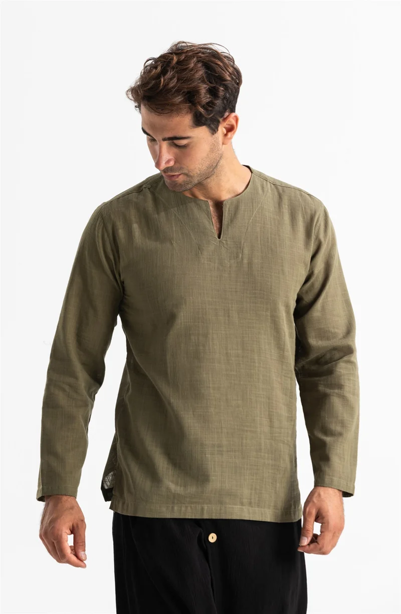 اليش شيل بيزي Long Sleeve Şile Cloth Crew Neck Men's Tshirt Khaki 3049