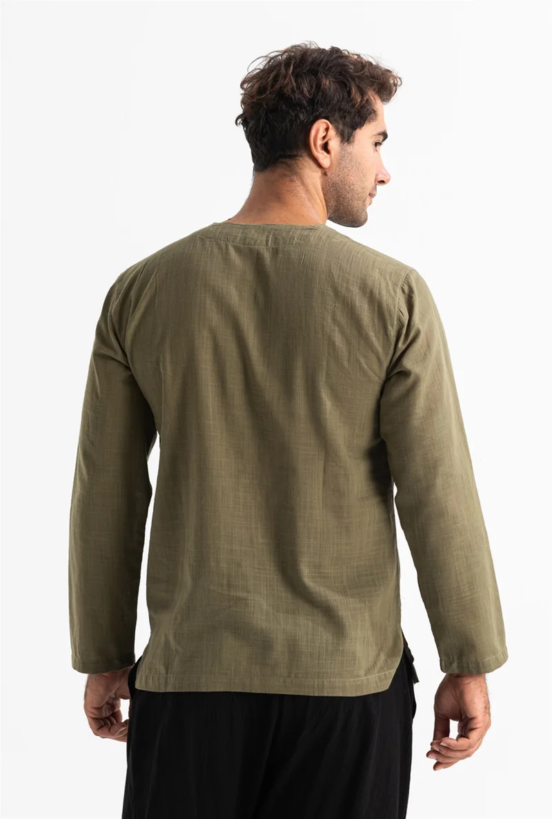 اليش شيل بيزي Long Sleeve Şile Cloth Crew Neck Men's Tshirt Khaki 3049