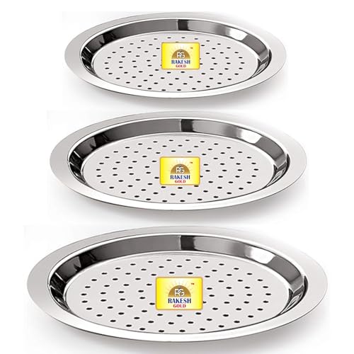 Rakesh Gold Stainless Steel Heavy Gauge Lids for Utensils | Steel lid with hole for tope, pans, tapeli, multiuse- Dishwasher safe and BPA free (3, (3pcs) Hole lids, REGULAR) - Image 1