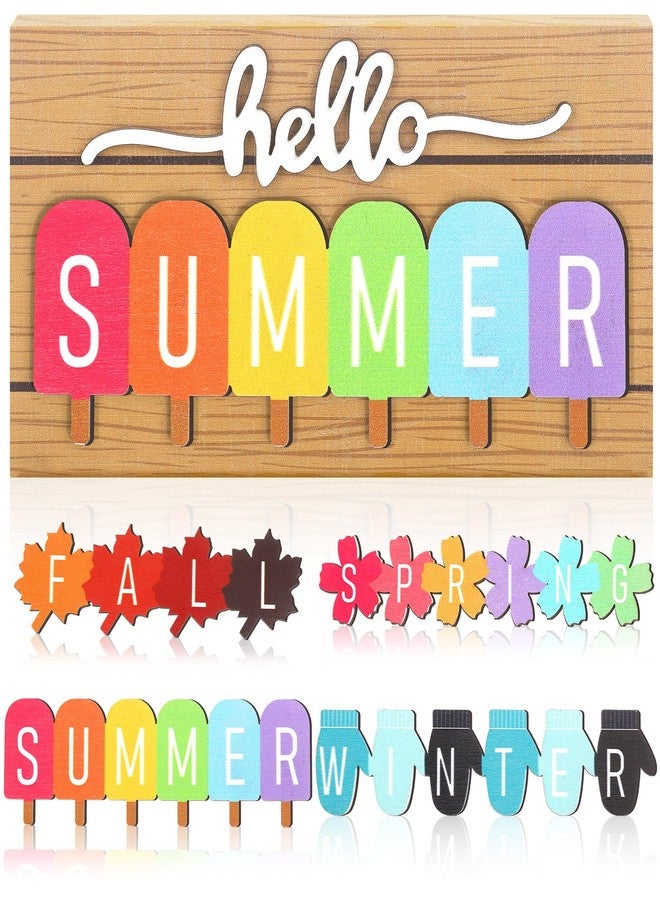 Roowest 5 Pcs Wooden Interchangeable Welcome Sign Holiday Seasonal Hello Spring Summer Fall Winter Wooden Sign 4 Seasons Rustic Farmhouse Wood Decor with Changeable Icons for Desk Window (Simple) - Image 1