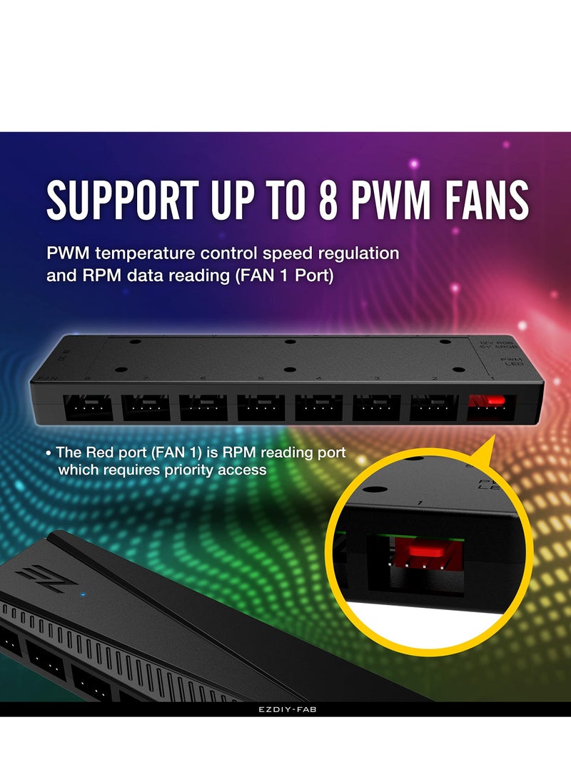 ARGB Fan Hub for PC Case Fan, Fan Distributor, 8 PWM Ports+8 ARGB Ports, 12V RGB/ 5V ARGB Motherboard Sync, PWM Functional Fan Adapter, Two Lighting Controller, Easy Cable Management. - Image 3