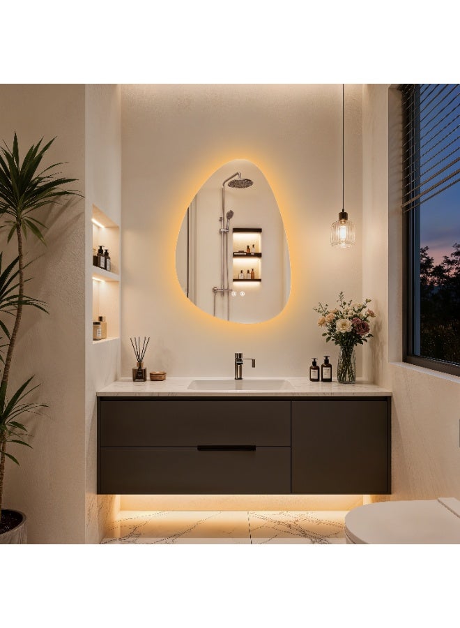 ويسفور مرآة حمام LED غير منتظمة الشكل، 50×70 سم، مرآة بيضاوية الشكل بإضاءة خلفية، قابلة للتعتيم بثلاثة ألوان، مقاومة للضباب، تثبيت رأسي - Image 1