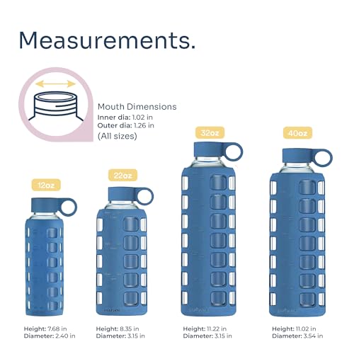 purifyou 40oz / 32oz / 22oz / 12oz Borosilicate Glass Water Bottle with Time & Volume Markers, Silicone Sleeve, Stainless Steel Lid | Reusable Glass Bottle for Water & Juice (12oz Chinese Porcelain) - Image 2