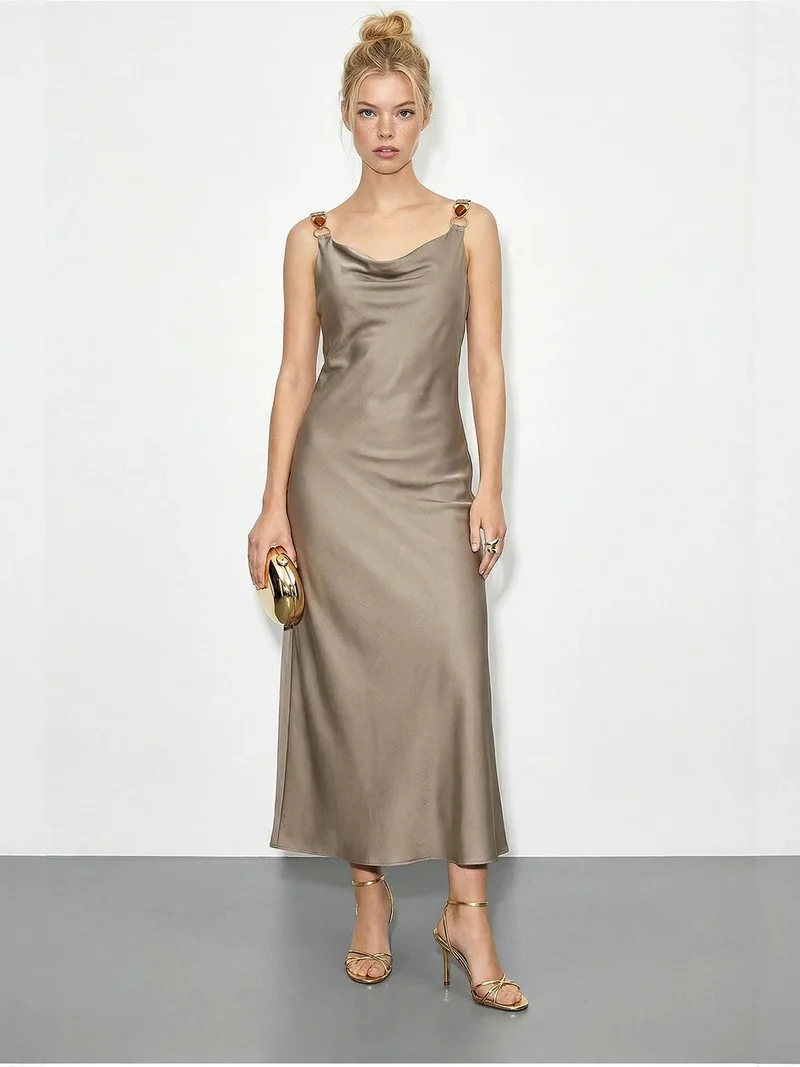 بيانكو لوتشي LUCCI Sleeveless Satin Maxi Slip Dress with Cowl Neck and Accessory Detail