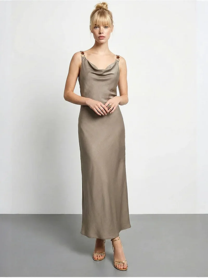 بيانكو لوتشي LUCCI Sleeveless Satin Maxi Slip Dress with Cowl Neck and Accessory Detail