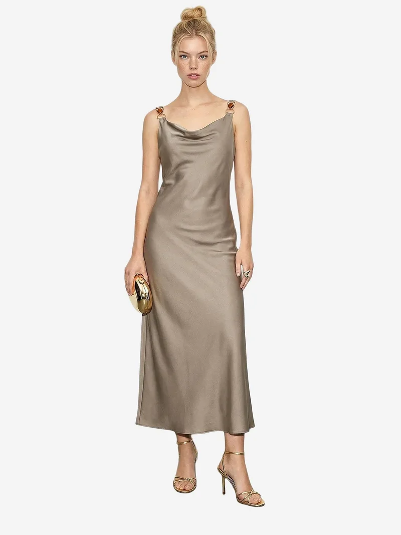 Bianco Lucci LUCCI Sleeveless Satin Maxi Slip Dress with Cowl Neck and Accessory Detail