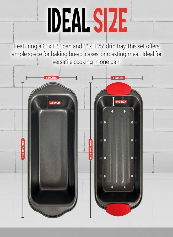 PERLLI Nonstick Meatloaf Pan with Drip Tray Insert - High-Carbon Steel Bakeware with Silicone Grips - Ideal for Baking Bread, Cake, and Roasting Meat in the Oven - 2-Piece Set - Image 2