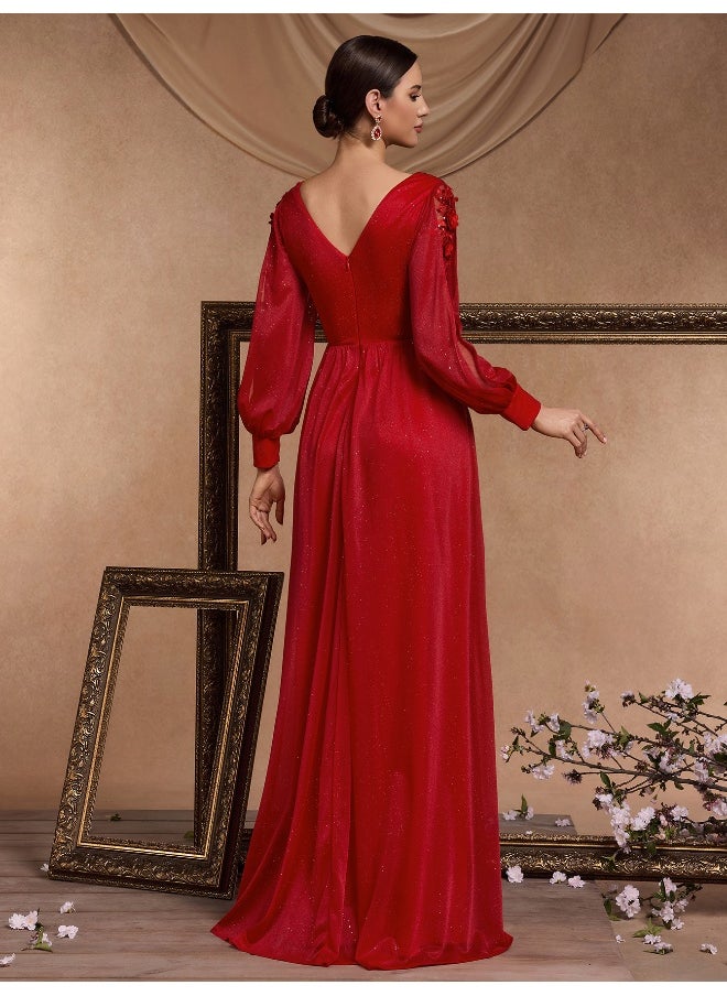 Madam Uniq - V-Neck Long Sleeve Split Evening Gown for Elegant Occasions - Image 1