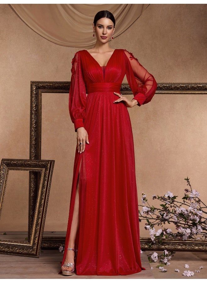 Madam Uniq - V-Neck Long Sleeve Split Evening Gown for Elegant Occasions - Image 1