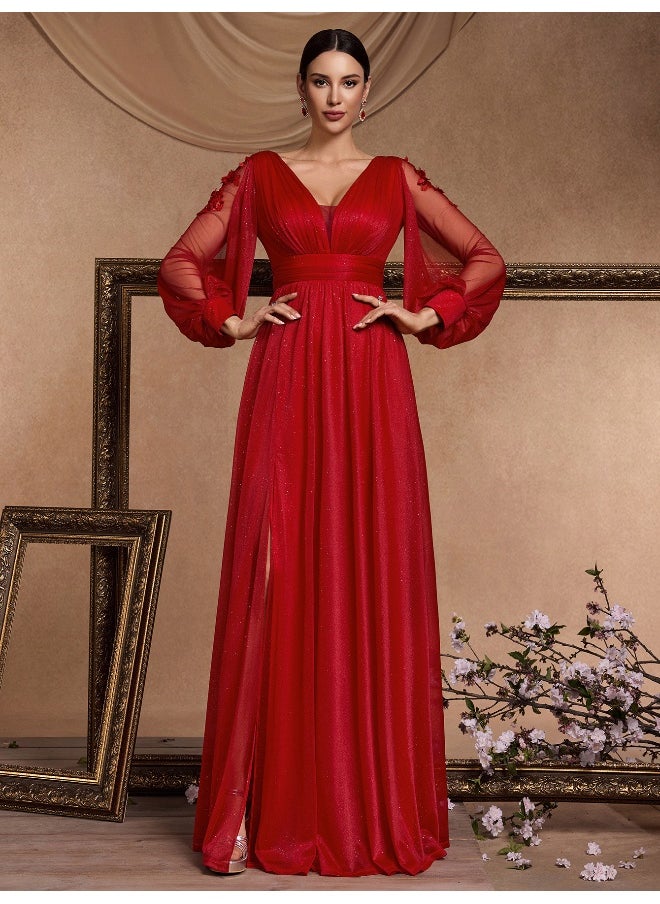 Madam Uniq - V-Neck Long Sleeve Split Evening Gown for Elegant Occasions - Image 1